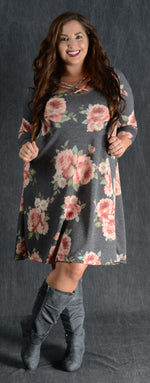 Gray Floral Corset Detail Dress - www.mycurvystore.com - Curvy Boutique - Plus Size