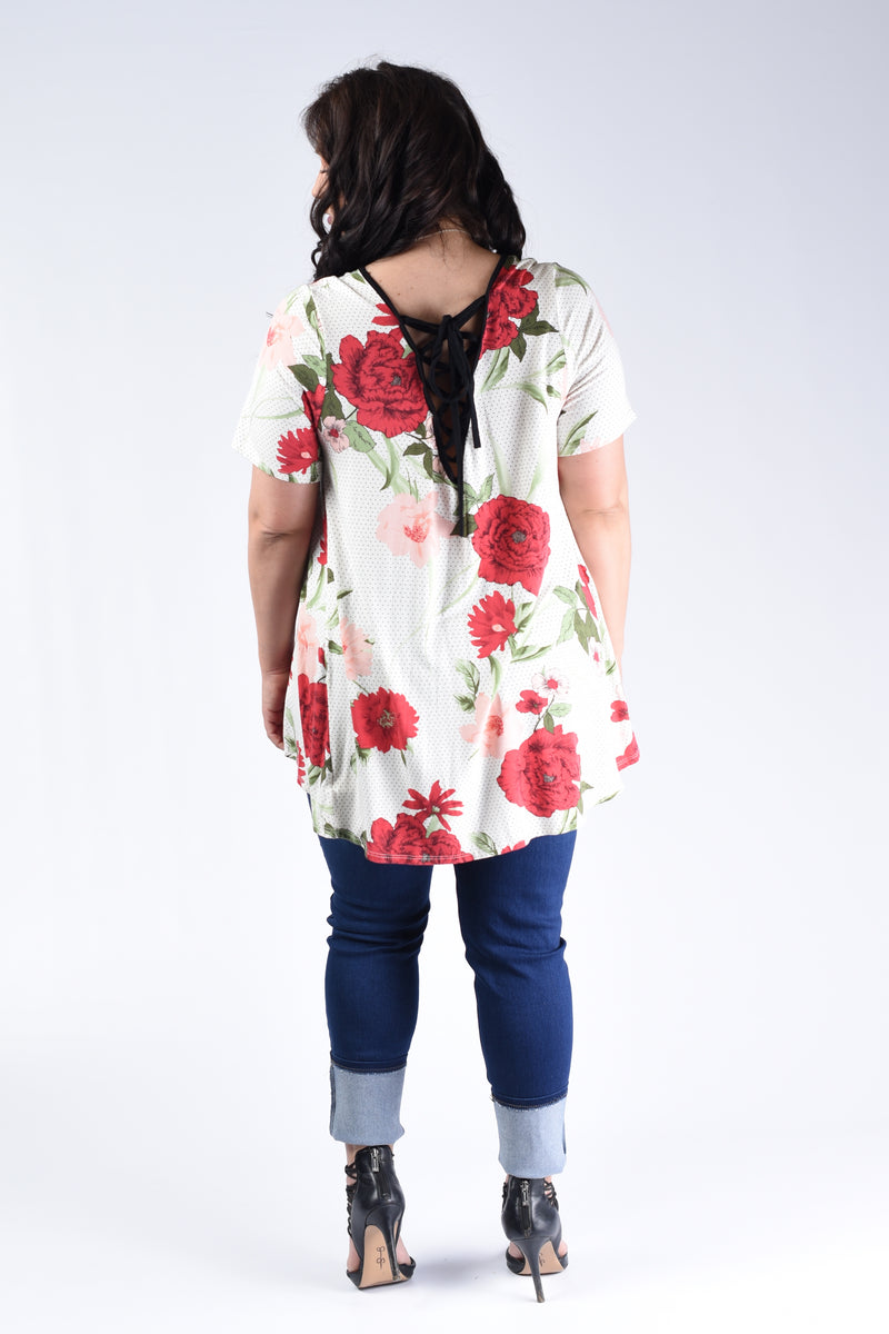 Red Floral Lace-Up Back Top - www.mycurvystore.com - Curvy Boutique - Plus Size
