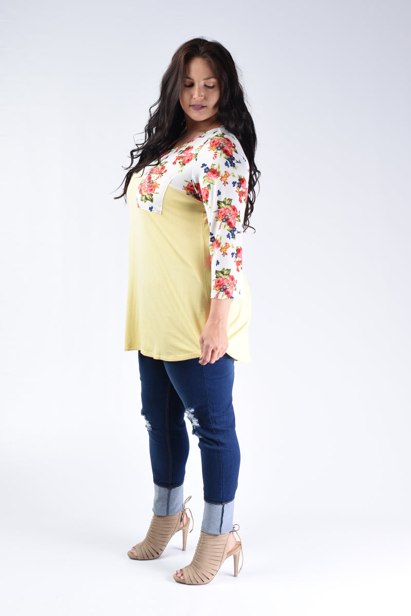Yellow & Floral Contrast Top - www.mycurvystore.com - Curvy Boutique - Plus Size