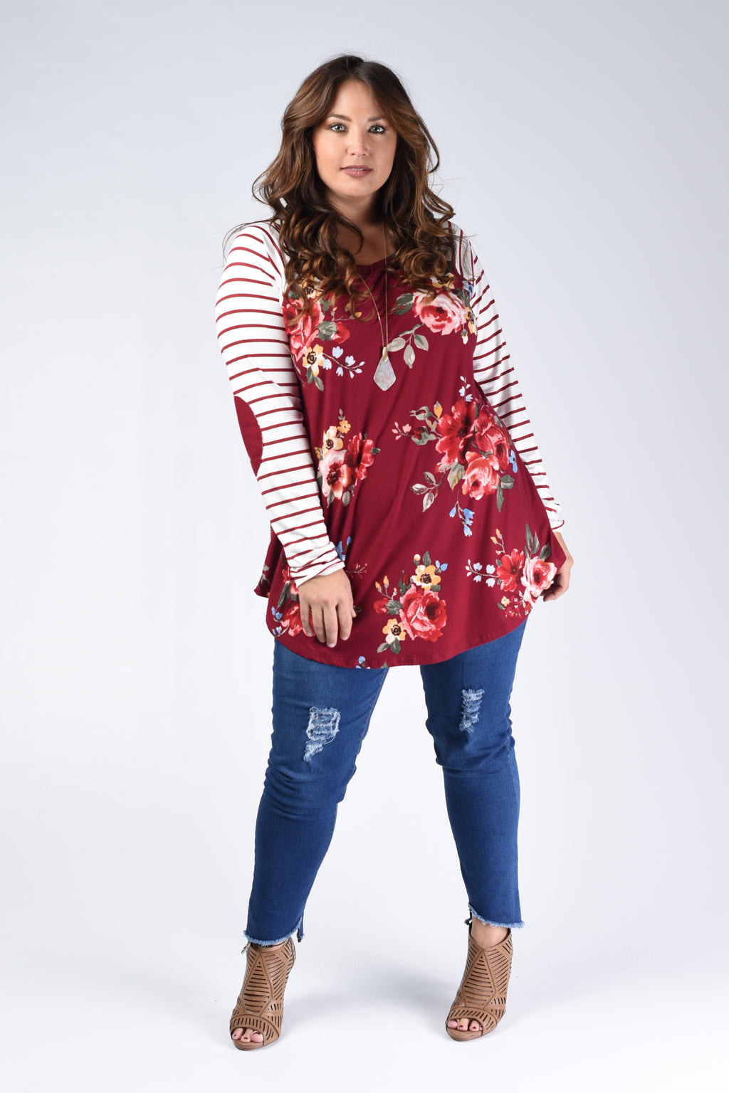 Wine Floral Elbow Patch Top (Mommy & Me) - www.mycurvystore.com - Curvy Boutique - Plus Size