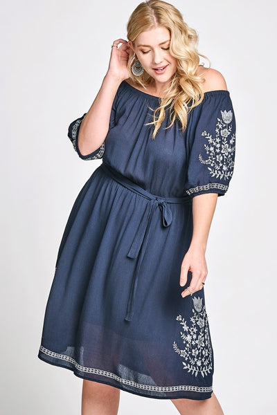 Navy Embroidered Dress – www.mycurvystore.com - Curvy Boutique